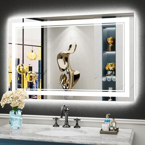 Image of 40x24 LED Bathroom Mirror with Lights, Backlit and Front Lit Anti-Fog Lighted Vanity Mirrors for Bathroom Wall, Dimmable, 3-Color Light, Memory, Shatter-Proof, HD Tempered Glass, CRI>90