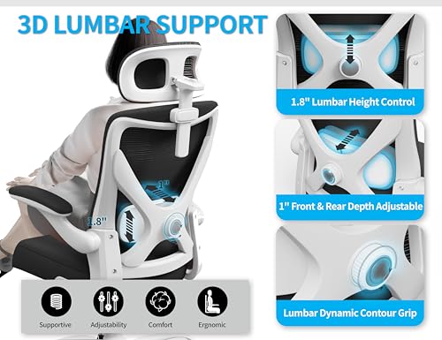 Image of Ergalithic Ergonomic Office Chair - Computer Desk Chair with Adjustable Lumbar Support - 300lbs Executive Desk Chair High Back with Headrest Flip-Up Arms for Long Hours, Rolling Chair (White Black)