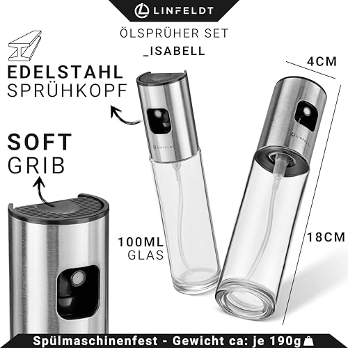 LINFELDT 2er Set Ölsprüher für Speiseöl je 100ml mit Glas & Edelstahl – Ansicht 3