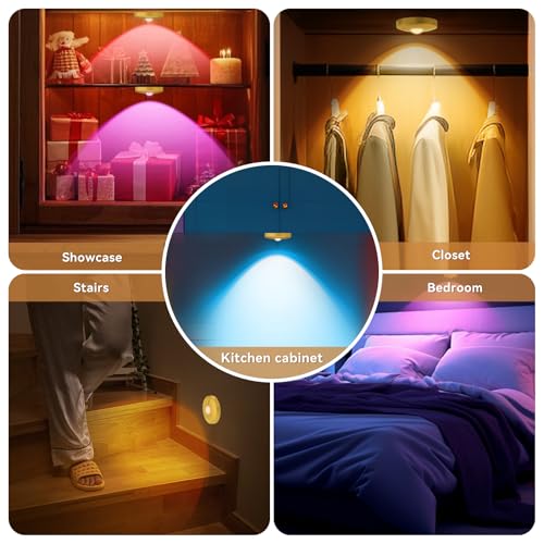 Image of Rechargeable Puck Lights with Remote, 3 Pack Magnetic Under Cabinet Lighting, 1500mAh Battery Operated LED Tap Lights with Dimmer & Timmer for Kitchen, Closet, Shelf - 3 Color Temps & 12 RGB, Gold