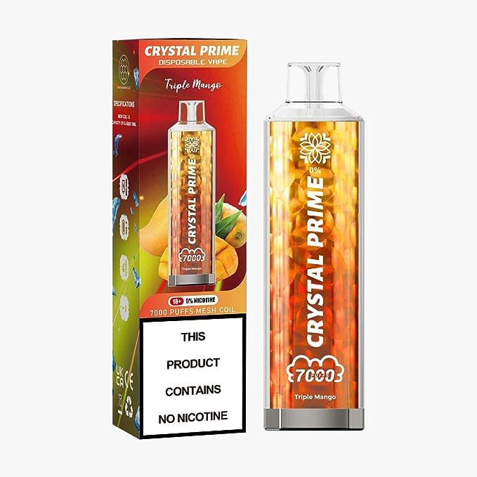 Crystal Prime 7000 Puffs Rechargable Disposable Vape Pen Starter Kit with Prefilled Flavours, 0mg No Nicotine (Triple Mango).