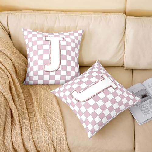Image of Erosebridal Pink Initial J Throw Pillow Covers 22x22 Set of 2 Kawaii Plaid Checkered Cushion Cover Cute Personalized Monogram Throw Pillow Case for Bed Couch Sofa Fashion Grids Gingham Home Decor