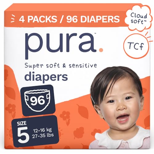 Image of Pura Baby Diapers Size 5-96 Count, 27-35lbs, 12hr Leak Protection, Cloud Soft & Gentle Diapers for Hypoallergenic & Sensitive Baby Skin, Toxin-Free*, Organic Cotton, Blowout Blocker, New Size Guide
