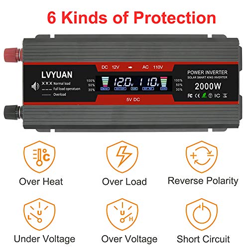 Cantonape 1000W/2000W(Peak) Car Power Inverter DC 12V to 110V AC Converter with LCD Display Dual AC Outlets and Dual USB Car Charger for Car Home Laptop Truck (Black)