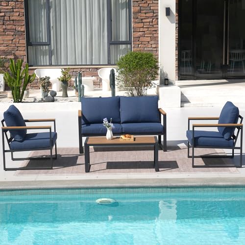 Image of Patio Furniture Set, 4 Pieces Outdoor Patio Furniture with Coffee Table Set, Metal Patio Conversation Sets with Washable and High-Resiliency Sponge Cushions, Upgrade Blue