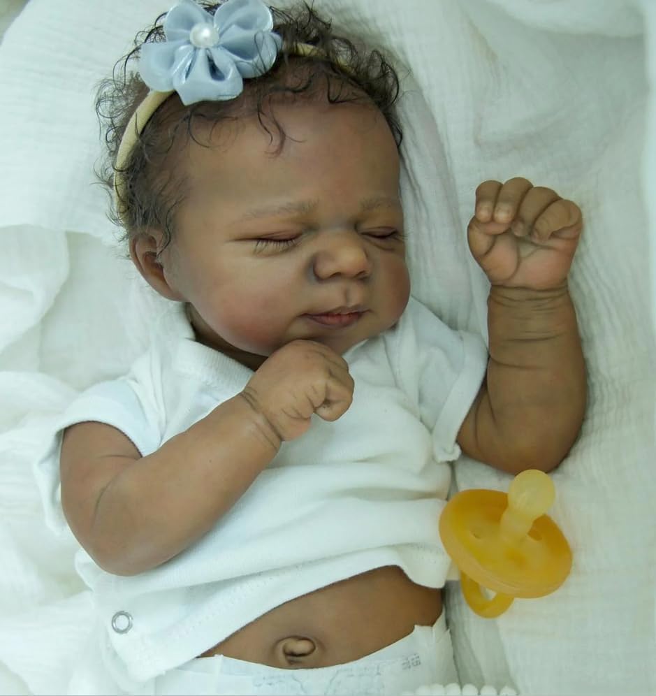 Black Reborn Baby Dolls Silicone Full Body Girl 18 Inch African American Realistic Baby Doll Lifelike Newborn Sleeping Babies Dolls with Dark Brown Skin for Kids Age 3+