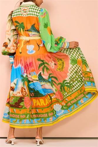 Image of Qikaka Women's Long Puff Sleeve Lapel Button Printed A-Line Sexy Nightclub Vacation Beach Belted Dress