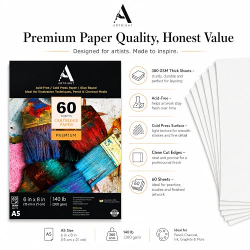 Image of ArtRight Artists' Sketching Paper (A5 Pack of 60 Sheets, 300 GSM); Handmade Cartridge Mixed Media Sheets of 300GSM for Pencil, Charcoal and Ink Media