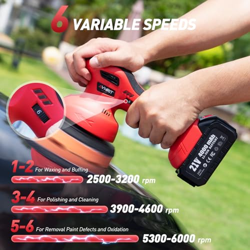 6 Inch Cordless Car Buffer Polisher: 2x4000mAh Batteries Car Buffer, Car Waxer Kit with 8 mm Orbit Block & 6 Speed Control (2500-6000 RPM) - for Car/Boat Detailing, Scratch Removal and Waxing