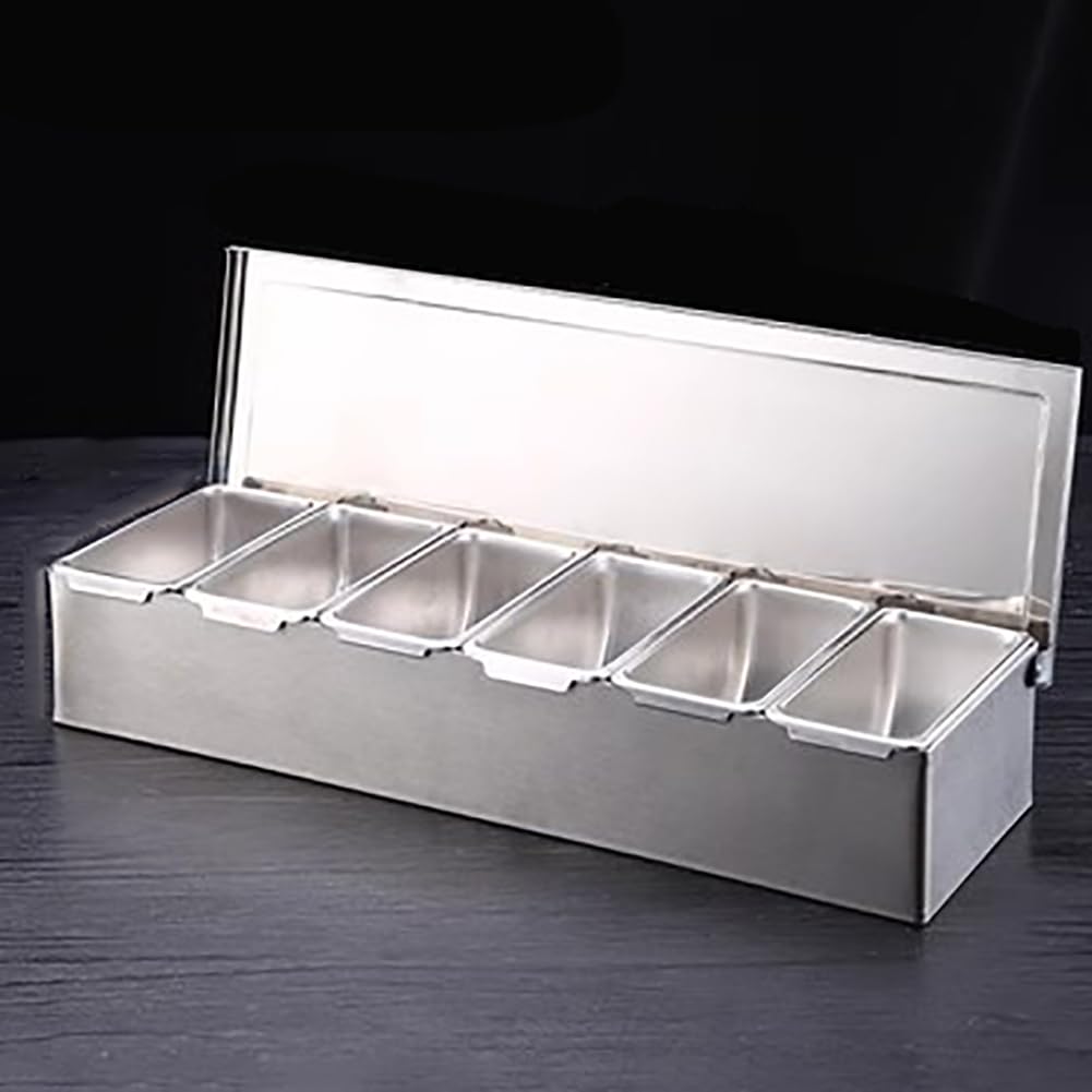 GTHTUHFD Kitchen Buffet Ingredient Containers, Condiment Prep Station With Lid, Stainless Steel Food Service Tray With Lid And Spoon, 2-8 Compartment Countertop Stand,7 Grids,6 Grids
