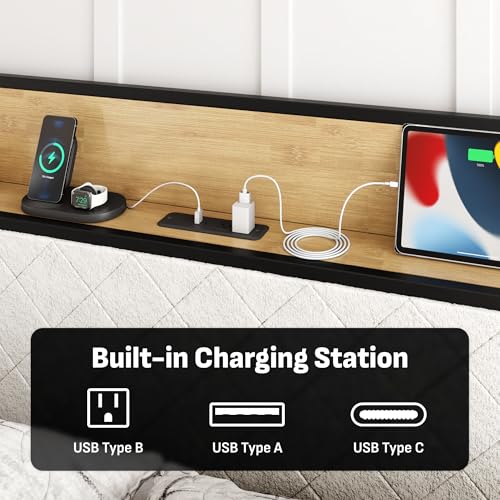 Image of Softa Queen Adjustable Bed Frame with Storage Headboard and Charging Station, Power Head Lift with 2 Footboard Drawers, Upholstered Metal Frame, No Box Spring Needed, White