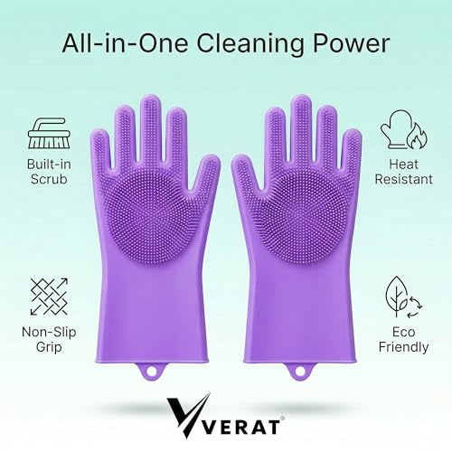 Image of Kitchen Dishwashing Gloves for Washing Dishes - Reusable Rubber /Silicone Cleaning Gloves for Kitchen, Bathroom & Car Cleaning - Waterproof Household Hand Gloves for Women, Home Essentials (Purple)