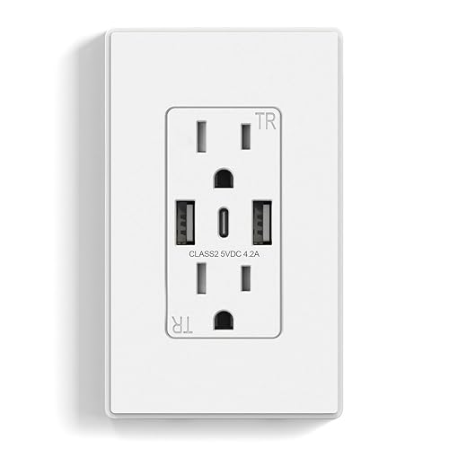 ELEGRP Tomacorriente de pared USB, 3 puertos USB C, tomacorrientes de pared blanco mate de 15 amperios con puertos USB, salida USB resistente a