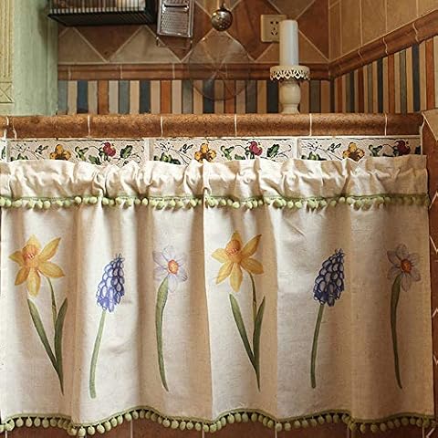 Qucover Cortina Media Altura Vintage de Algodón y Lino con Flor Bordado Cover