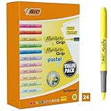 BIC Highlighter, Textmarker, 24er Pack, in verschiedenen Farben inkl. Pastell, mit Keilspitze, Strichstärke: 1.6 bis 3.4 mm, mit Austrocknungsschutz