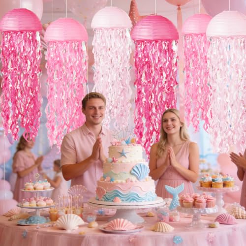 Image of Jellyfish Paper Lanterns 6 Pacs Under The Sea Party Decorations Mermaid Party Baby Shower Decorations Blue Hanging Jelly Fish for Ocean Spongebob Birthday Party Decorations (Pink)