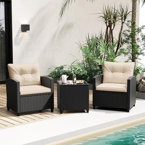 Image of Tangkula 3 Piece Patio Furniture Set, Rattan Conversation Set w /Soft Seat & Back Cushions, Tempered Glass Topped Coffee Table, Cushioned Wicker Seating Set for Backyard, Porch, Poolside (Beige)