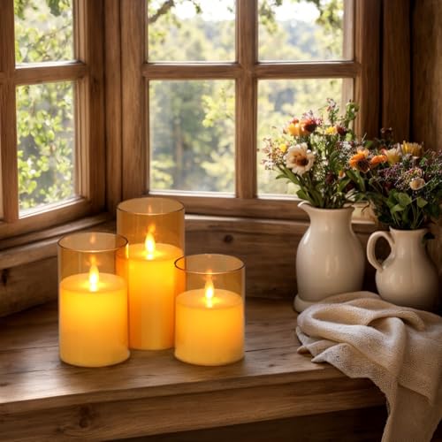 Image of Gold Glass Flameless Candles with Remote Timer Moving Wick Battery Operated LED Flickering Pillar Candles Plastic Dinner Wedding Christmas Holiday Decor D3 x H4, 5 inch, 6 inch