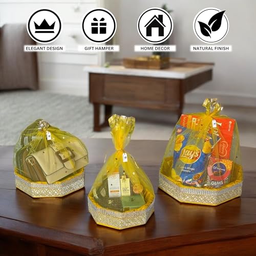 Image of (Set of 3-8 inch,10 inch,12 inch inch, Hexagon, Stone Lace, Color-Yellow) MDF Base Designer Gift Hamper Packaging Baskets with Net Cover, Gift Hamper Organiser Perfect for Any Occasion