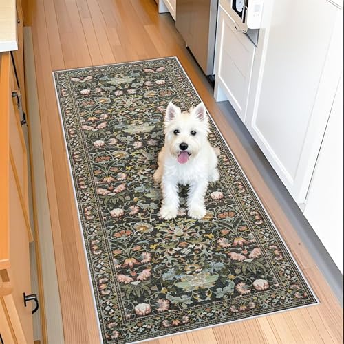 Hallway 2x5 Washable Runner Rug: Oriental Floral Stain Resistant Rug for Entryway Kitchen Farmhouse Soft Carpet for Bathroom Bedroom Thin Laudry Living Room Floor Mat with Non Slip Backing(2x5,Green)