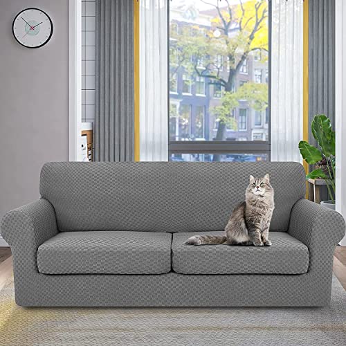 Yemyhom Latest Checkered 3 Pieces Couch Covers For 2 Cushion Couch High Stretch Sofa Cover With 2 Extra Large Seat Cushion Covers Anti Slip Elastic Slipcovers (Light Gray), 71"-91"(2 Cushions) #TOP1