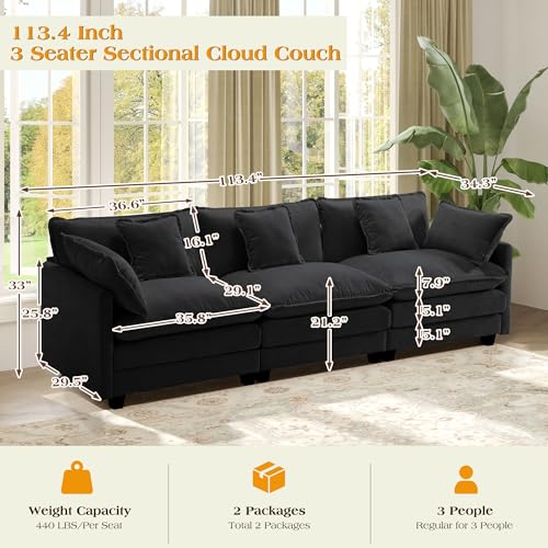 Image of 113.4 inch Modular Sectional Sofa,Cloud Couch for Living Room, Modern Deep Seat Sofa 3 Seater Chenille Fabric Comfy Couches with Throw Pillows for Apartment