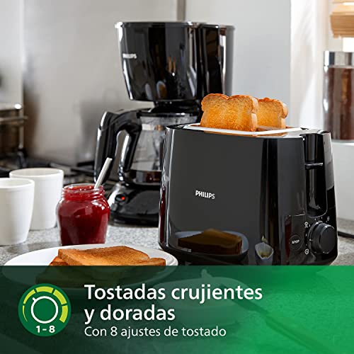 Tostadora Philips Daily Collection mostrando opciones de tostado crujiente y dorado con 8 ajustes para diferentes preferencias.