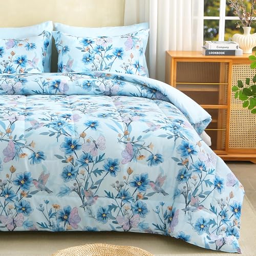 Image of lasoftan Floral Queen Comforter Set with Sheets, 7 piece Luxury Vintage Bedding, Soft Microfiber Bed in a Bag, Cozy Lightweight Bed Set, Blue Flower Leaf Botanical