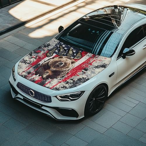 Image of Car Hood Cover All-Season Protection Bear American Flag Print Car Hood Cover Protector Elastic Fabrics Vehicles Decorate Engine Universal for Cars