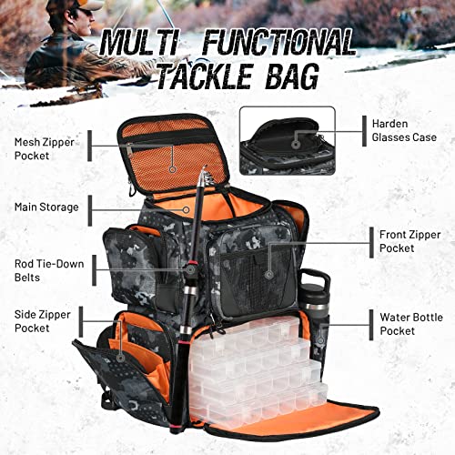 X Strike Fishing Tackle Backpack, 48L Large Fishing Bag With Rod Holders, 4 Tackle Box And Protective Rain Cover, Waterproof Tackle Storage Bag For Fishing, Camping, Hiking, Hunting. #TOP2