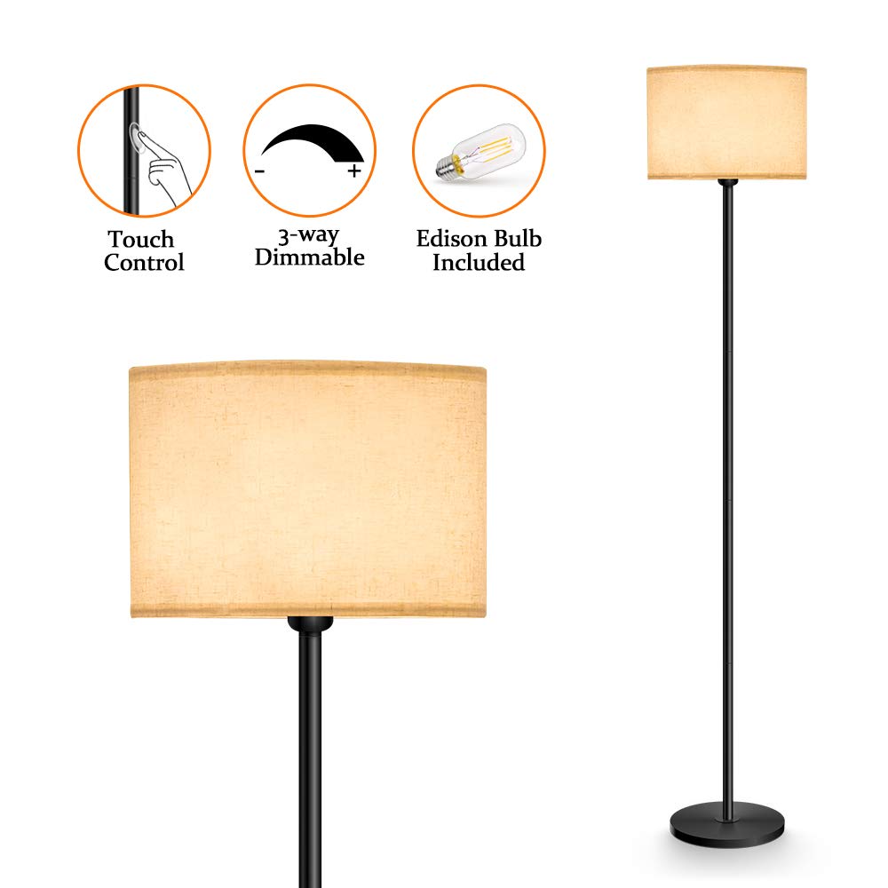 Lifeholder Floor Lamp, 3-Way Dimmable Touch Floor Lamp Include A Warm White Edison Bulb, Mid Century Standing Lamp with Line Fabric Shade, LED Floor Lamp Idea for Bedroom, Living Room or Office