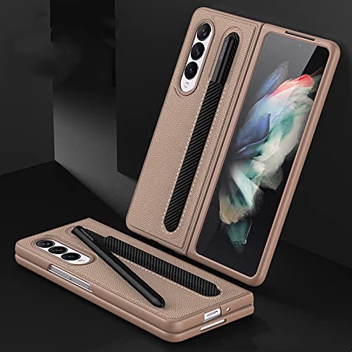 for Samsung Galaxy Z Fold 3 5G Case with Pen Holder,Z Fold 3 Leather Case,Luxury Business Pu Leather Case with Pen Slot for Samsung Galaxy Z Fold 3 5G (Gold)
