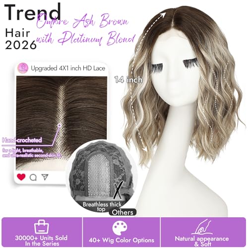 Image of Eawwii Wigs for Women Ombre Ash Brown Blonde,Short Wavy Synthetic Lace Wig | Glueless 4x1 Lace Hairline with Platinum Blonde, Heat-Resistant Fiber,Bob Wave Style,Natural Appearance for Everyday14 Inch