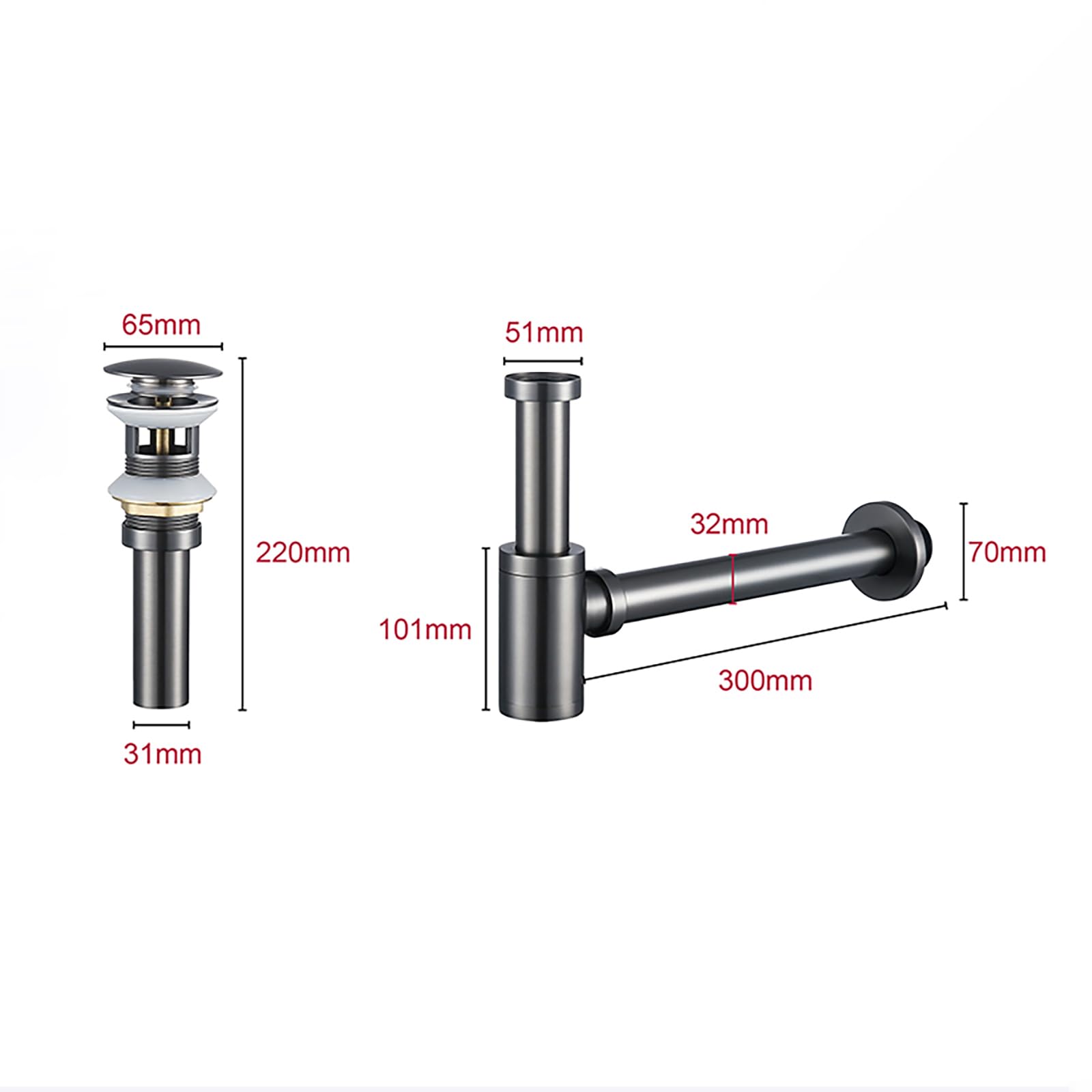 Sifon Lavabo con Válvula Click Clack Lavabo y Rebosadero,Anti-Odores,Regulable en Altura con Abertura de Limpieza,Kit de Desagüe Lavabo Desagüe Lavabo