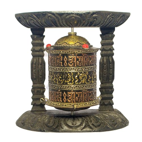 Traditional Tibetan Prayer Wheel, Wooden Stand with Brass Cylinder, Buddhist Om Mani Padme Hum Design
