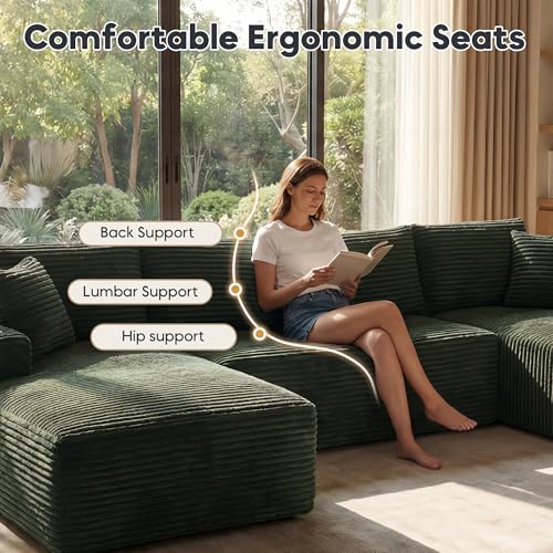 Image of 125 Inch Modular Sectional Sofa, Cloud Couch Oversized U Shaped Corduroy Sofa with Storage & Cupholders, Modern Deep Seat Boneless Couches for Living Room, No Assembly Required, Green