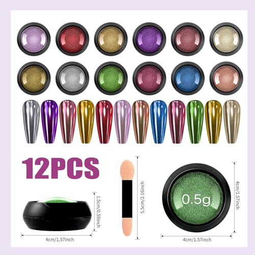 Image of Chrome Nail Powder, 12 Colors Metallic Mirror Powder Gold Silver Blue Purple Red Pink Brown Nail Art Decoration Glitter for DIY Nail Supplies, 1g /Jar, 12 Sponge Sticks
