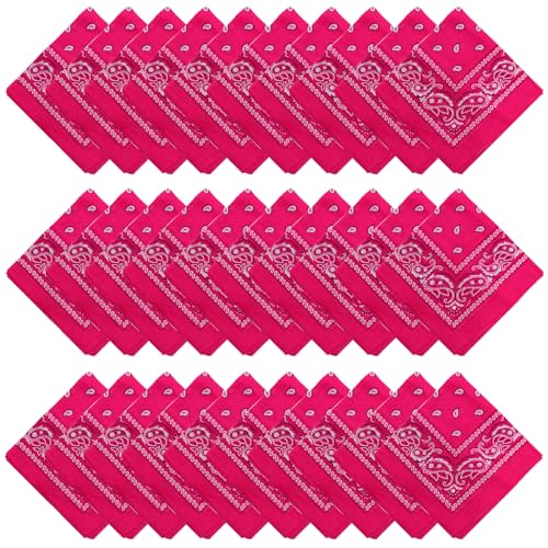 Tergy 30PCS Bandanas Unisex Paisley Bandanas Bulk Multi-Purpose Headband Cowboy Head Wrap Scarf for Women Men Boys Girls (Hot Pink)