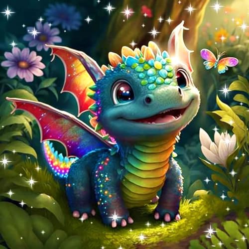 AIRDEA Bébé Dinosaure Peinture en Diamant Kits pour Adultes Enfants, 5D Rond Animal Diamond Painting Kit Complet, DIY Art du Diamant Peinture Diamant Kits,Broderie Diamant Mosaique 30x30cm