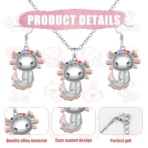 Axolotl Necklace and Earrings Set, Cute Alloy Axolotl Crystal Necklace Trendy Salamander Pendant Earring Jewelry Set for Women Men Birthday Graduation4