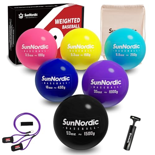 Image of SunNordic 6 /9 Pack Plyometric Weighted Baseball Set (3.5-16 /35 /53 /70 oz) - Variable Weight Plyo Baseballs for Improved Power & Pitching Training - for All Skill Levels