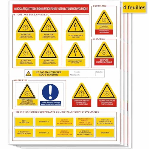 Kit 88 Autocollants Photovoltaïques Conforme UTE C15-712-1 & CONSUEL – Guide Visuel Intégré – Pour Installation Solaire Avec/Sans Batterie,...