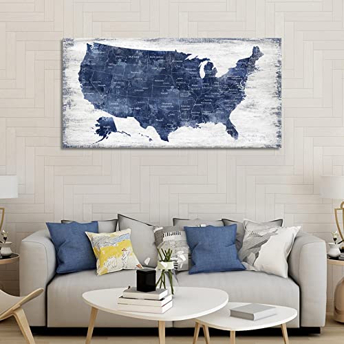 Image of Map of The United States Wall Art Vintage America Map Canvas Wall Decor Wood Board USA Map Pictures Canvas Prints for Bedroom Office Kitchen Living Room Home Decor Framed Artwork Ready to Hang 29 inchx58 inch