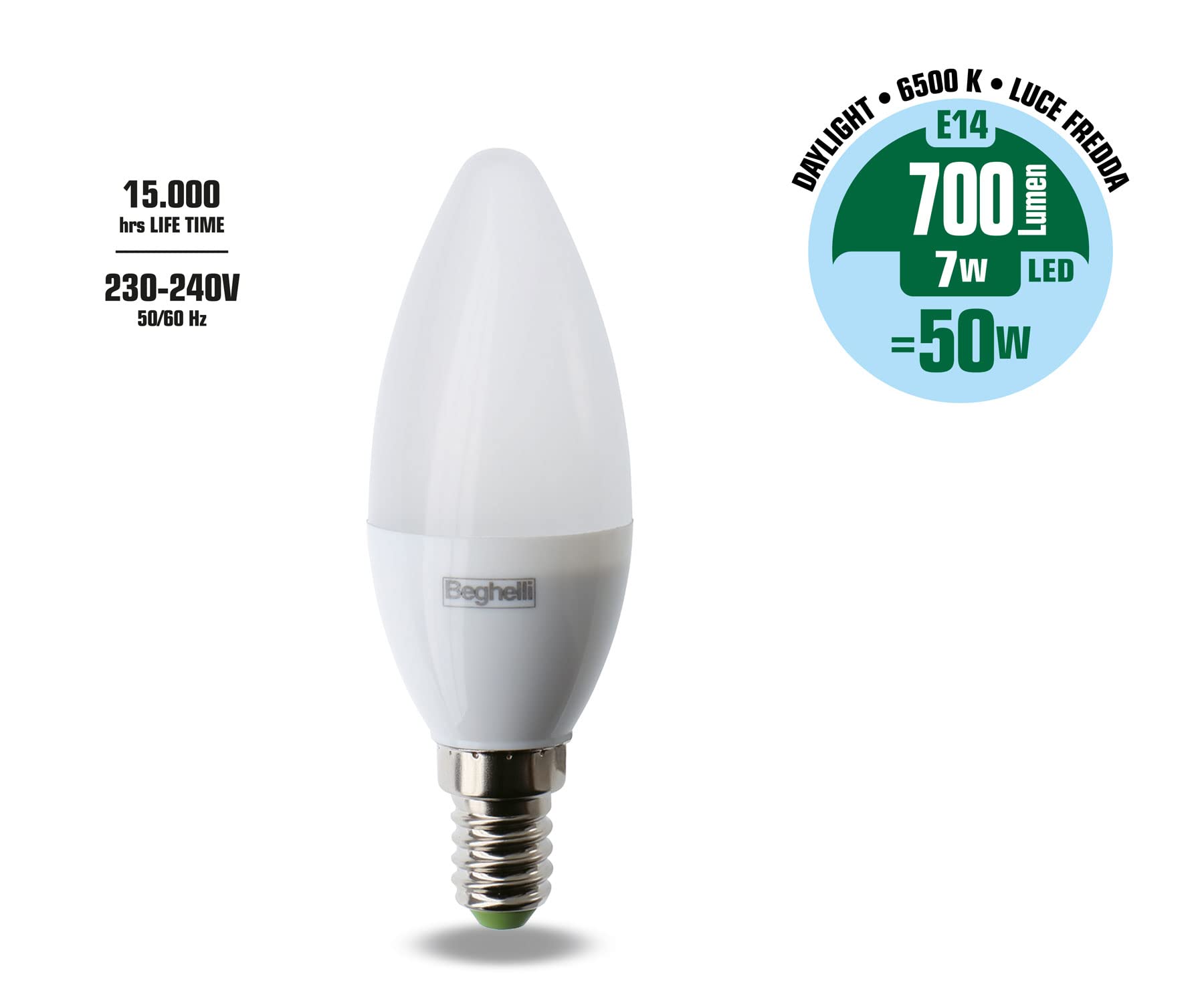Beghelli - SUPER Led Lampadina Led E14 Luce Fredda, Lampadina Led a Oliva 7W, 700lm, 6500K, 5 Pezzi
