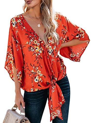 Womens Floral Oversized Tie Front Top Short Sleeve V Neck Chiffon Blouses Summer Shirts Red #TOP3