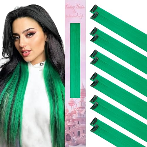 Image of WENNALIFE 12 PCS Green Hair Extensions Clip in, Colored Clip in Hair Extensions for Kids Highlights Rainbow Hair Clips for Girls Synthetic Straight Pop-up Style Colorful Festival Girl Hair Accessories