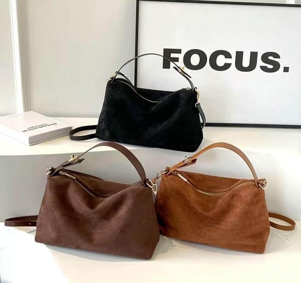 Women Slouchy Suede Satchels Shoulder Bag Faux Suede Hobo Bags Crossbody Phone Purse Top-Handle Tote Handbag Purse - Image 5