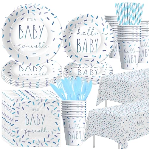 Owelleny Sprinkle Baby Shower Decorations Tableware for Boy Blue Confetti Its a Baby Sprinkle Party Decorations Supplies Paper Plate Napkin Cup Disposable Cutlery Tablecloth Serves 24