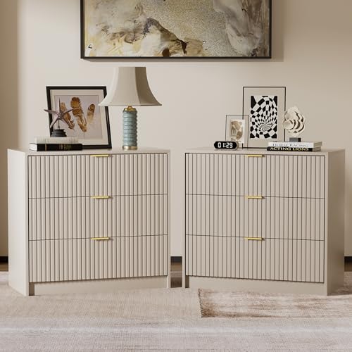 Image of Furniway Fluted Nightstands Set of 2, 31.5 inch Large Bedside Tables with 3 Drawers, Modern Wood Night Stands with Storage for Bedroom, Beige