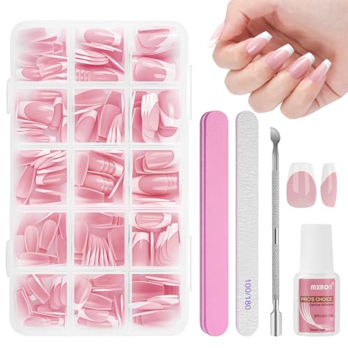 BUTBU 240 Stück Falsche Nägel Tips Set 15 Größen Französisch falsche nägel Zum Aufkleben French Press On nail set Fake nails mit Kleber für Damen Und Frauen (Rosa Kurze Ballerina)